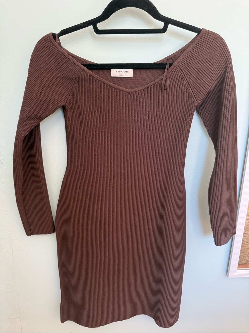 Babaton Chocolate Brown Ribbed Long-Sleeve Bodycon Dress